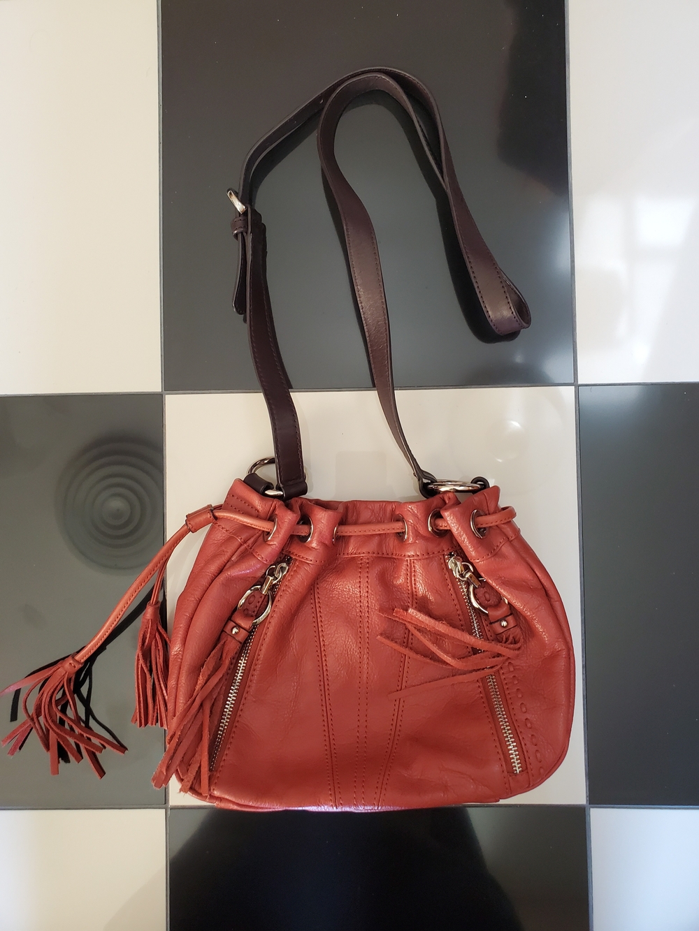 B Makowsky Brown Leather Drawstring Hobo Crossbody Bag Silver Tone Hardware